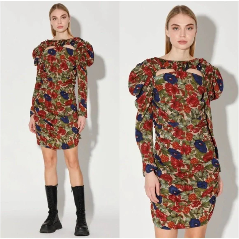 Walter Baker Size 0 Verlee Puff Long Sleeve Floral Ruched Dress NWT Royal Garden